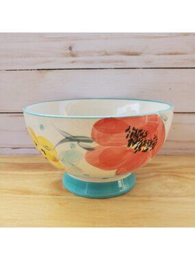 Pioneer Woman Bloom Dots Turquoise Pattern Footed Bowl 6 Inches Floral Stoneware